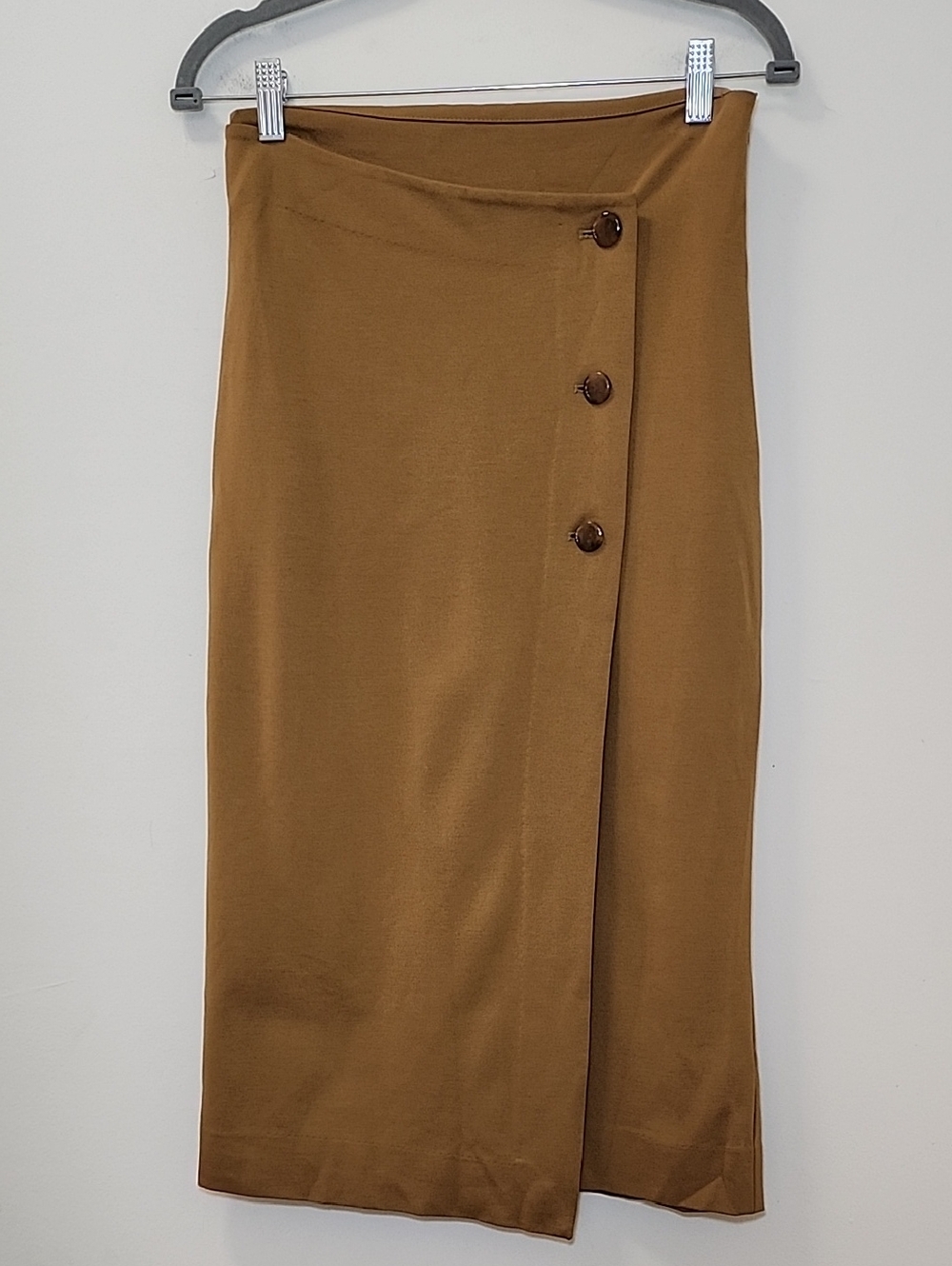Babaton Knit Faux Wrap Skirt tan color buttoned asymmetrical crossover front 4 - Picture 3 of 16